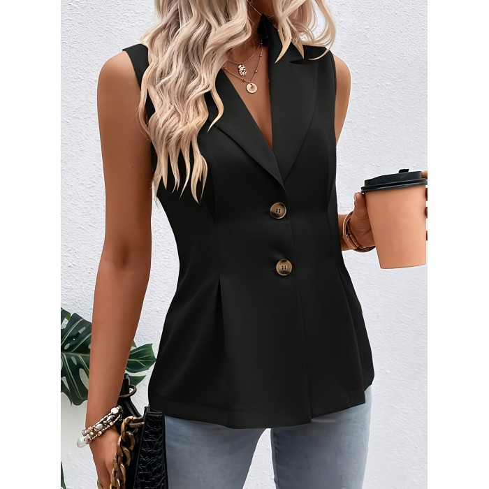 Solid Single Breasted Lapel Pleated Vest, Elegant Sleeveless Outwear For Spring & Fall, Women's Clothing