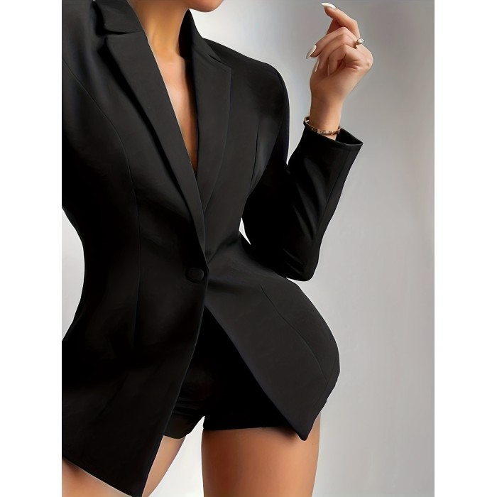 Women's Solid Color Button Front Blazer - Business Casual Lapel Long Sleeve for Office & Work