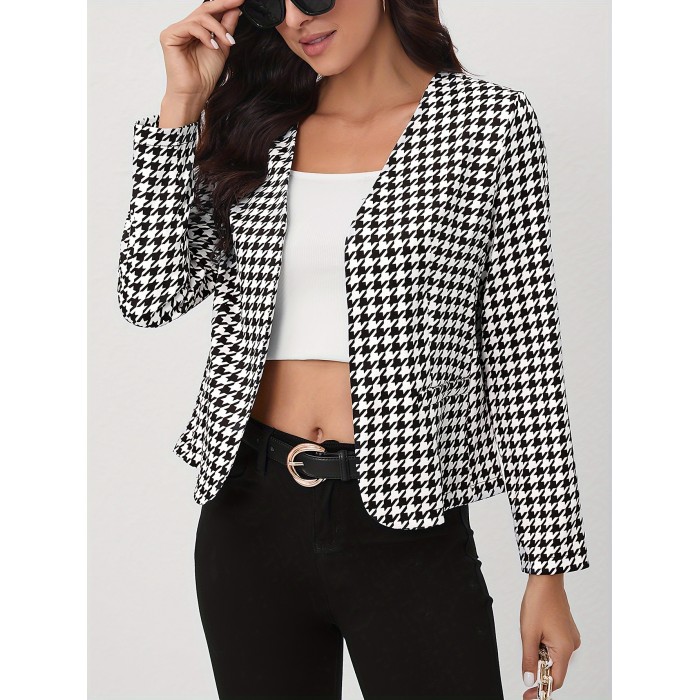 Houndstooth Open Front Blazer, Elegant Long Sleeve Blazer For Office & Work, Women's Clothing