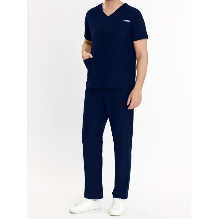 Men's 2-piece Workwear Set, Short Sleeve V Neck Shirt With Pocket Design & Pants Set, Men's Uniform