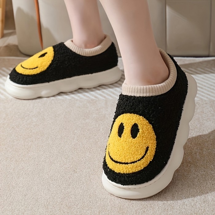 Cute Smile Face Fuzzy House Slippers, Closed Toe Memory Foam Slip On Shoes, Winter Warm Home Slippers