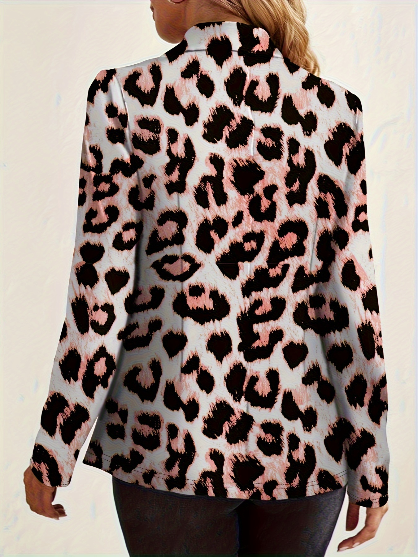 leopard print one button blazer casual lapel long sleeve outerwear womens clothing details 13