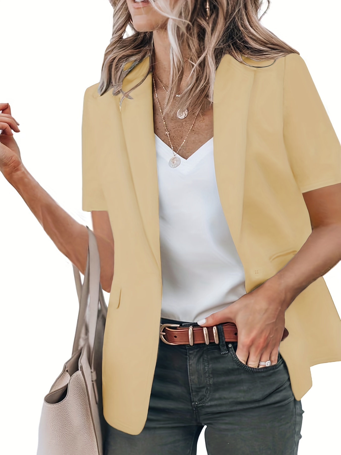 short sleeve open front blazer casual lapel blazer for spring summer womens clothing details 3