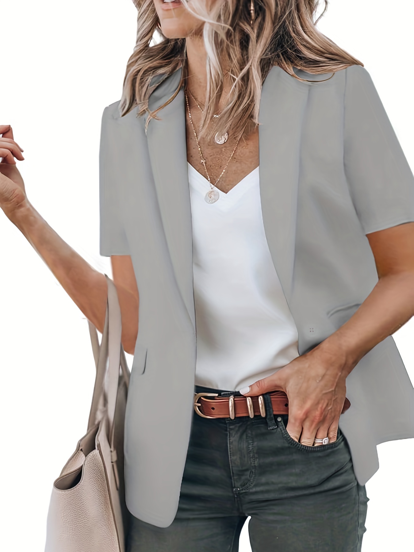 short sleeve open front blazer casual lapel blazer for spring summer womens clothing details 12