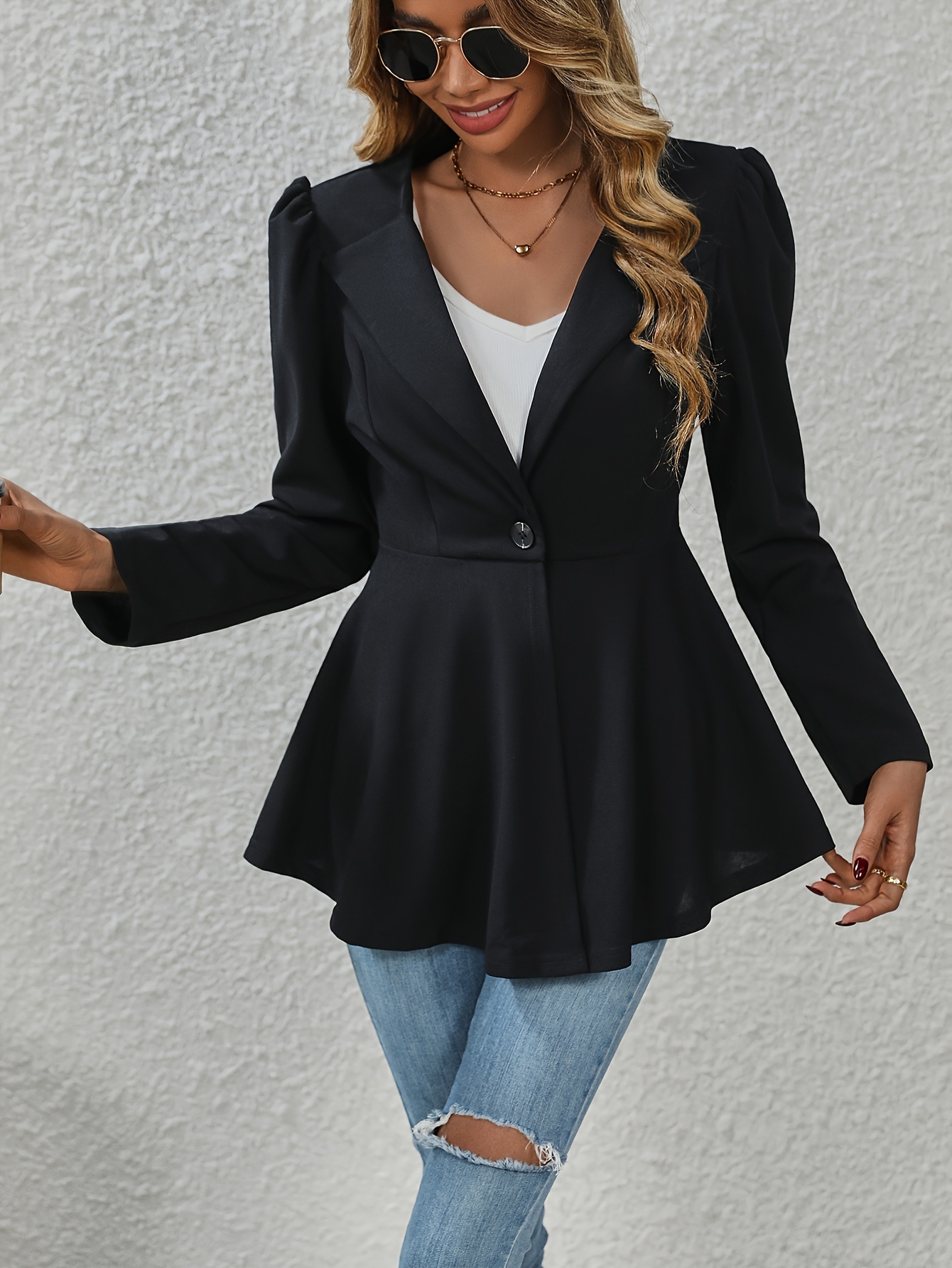 button front flared blazer elegant notched collar long sleeve blazer for office work womens clothing details 5