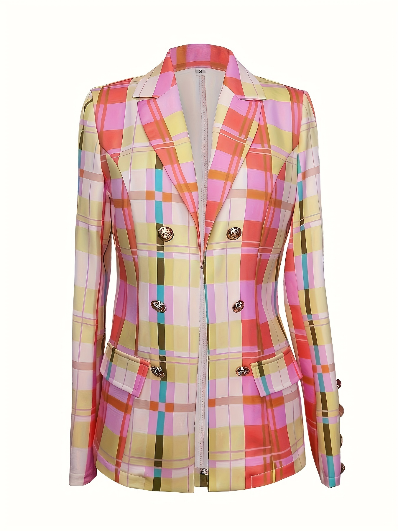 plaid print lapel blazer casual double breasted open front outerwear womens clothing details 2