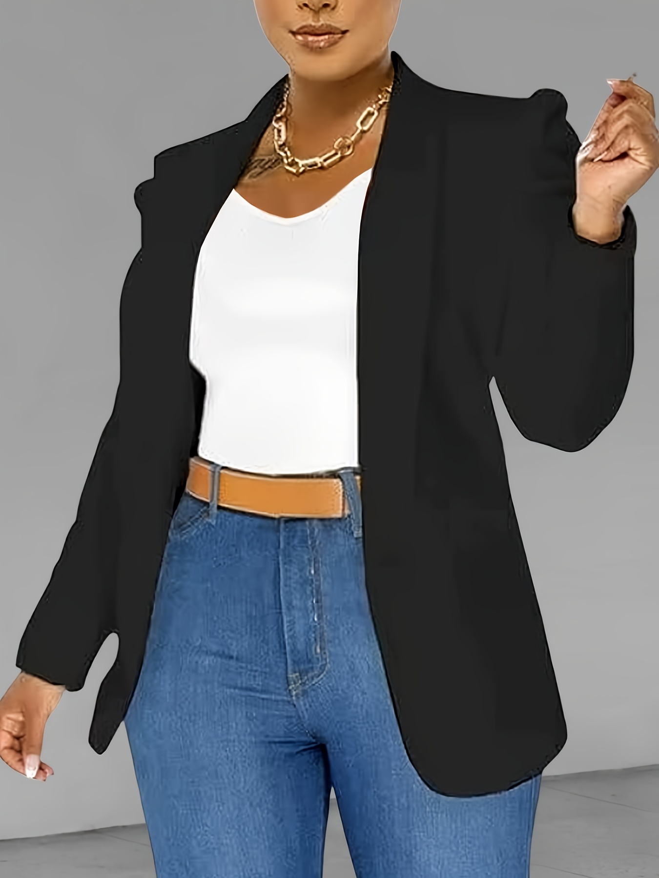 solid open front blazer elegant long sleeve work office outerwear womens clothing details 0