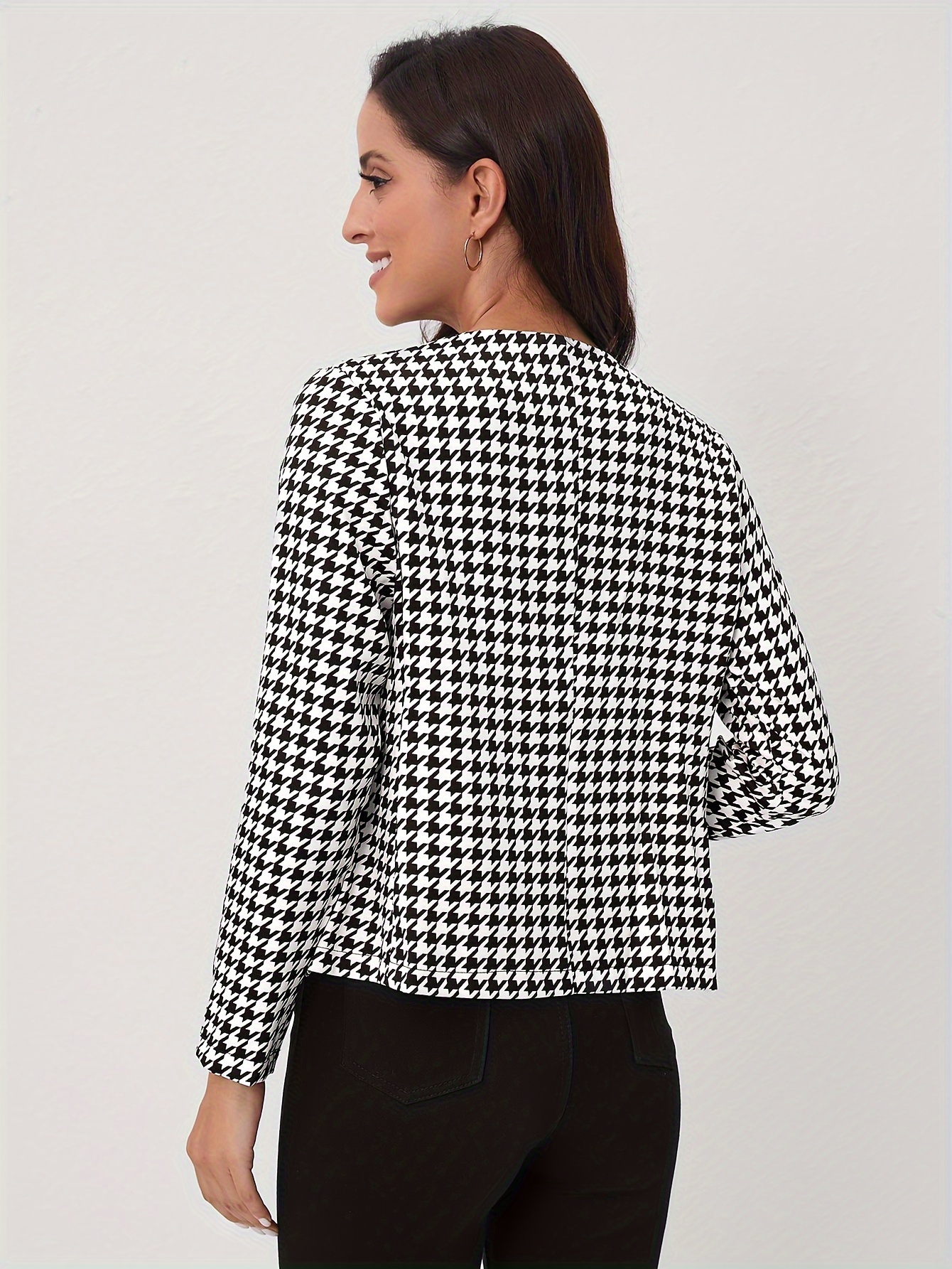 houndstooth open front blazer elegant long sleeve blazer for office work womens clothing details 0