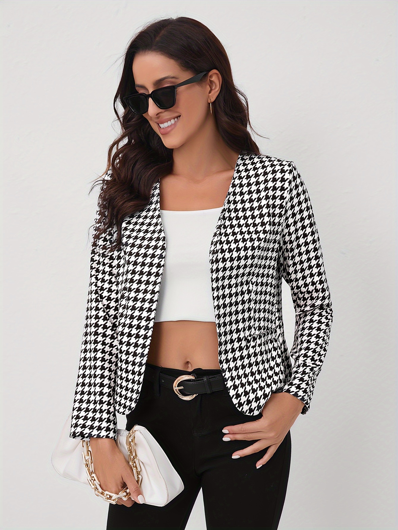 houndstooth open front blazer elegant long sleeve blazer for office work womens clothing details 2