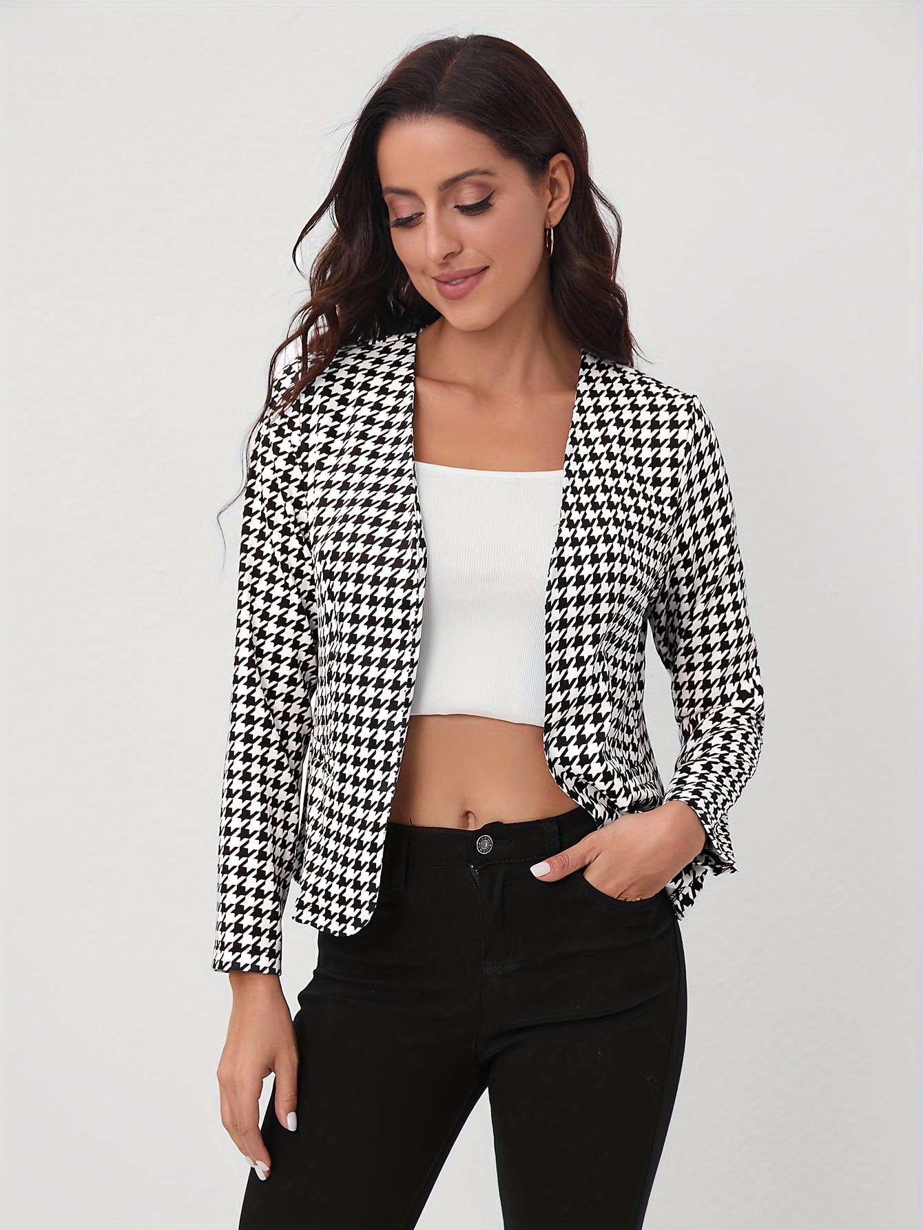 houndstooth open front blazer elegant long sleeve blazer for office work womens clothing details 3