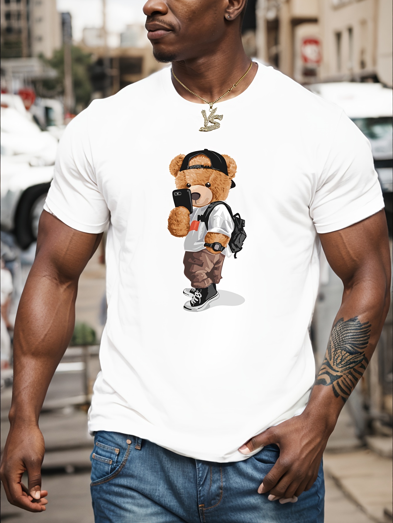 cartoon teddy bear print mens graphic design crew neck t shirt casual comfy tees tshirts for summer mens clothing tops for daily vacation resorts details 0