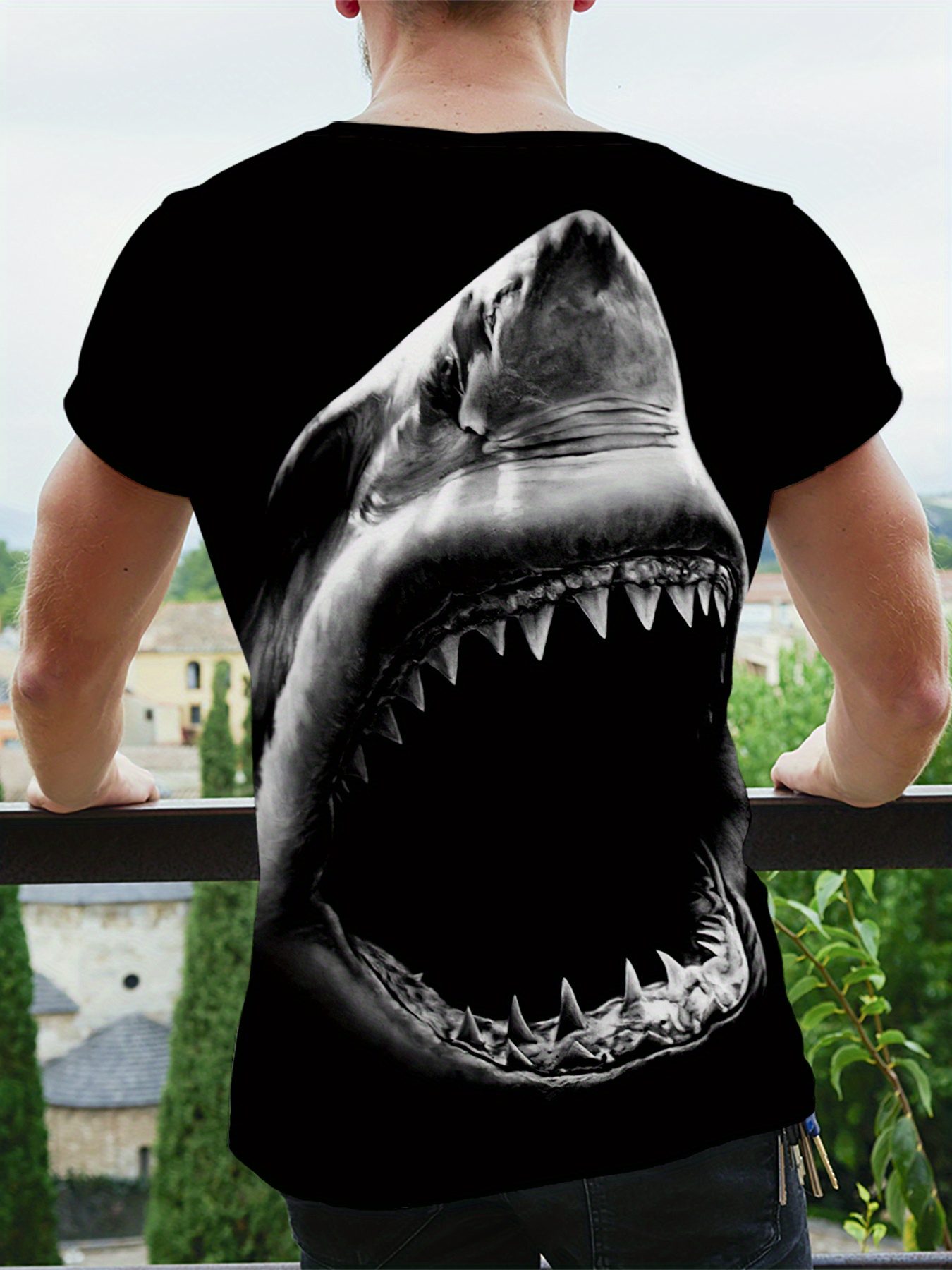 shark print mens graphic design crew neck active t shirt casual comfy tees tshirts for summer mens clothing tops for daily gym workout running details 0