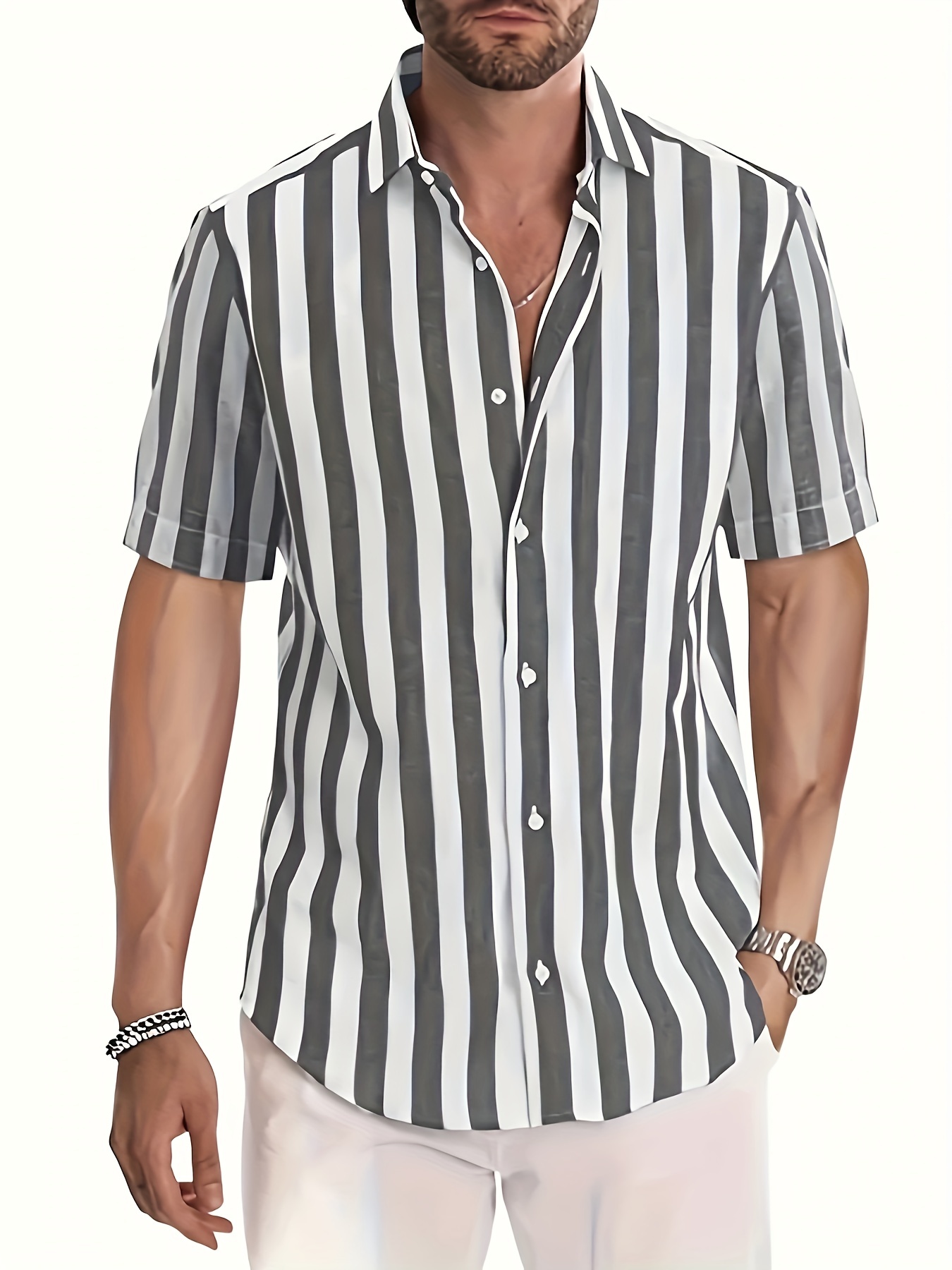 mens shirt top vertical striped lapel short sleeves closure summer male casual button up shirt for daily vacation resorts beach shirts for men details 5