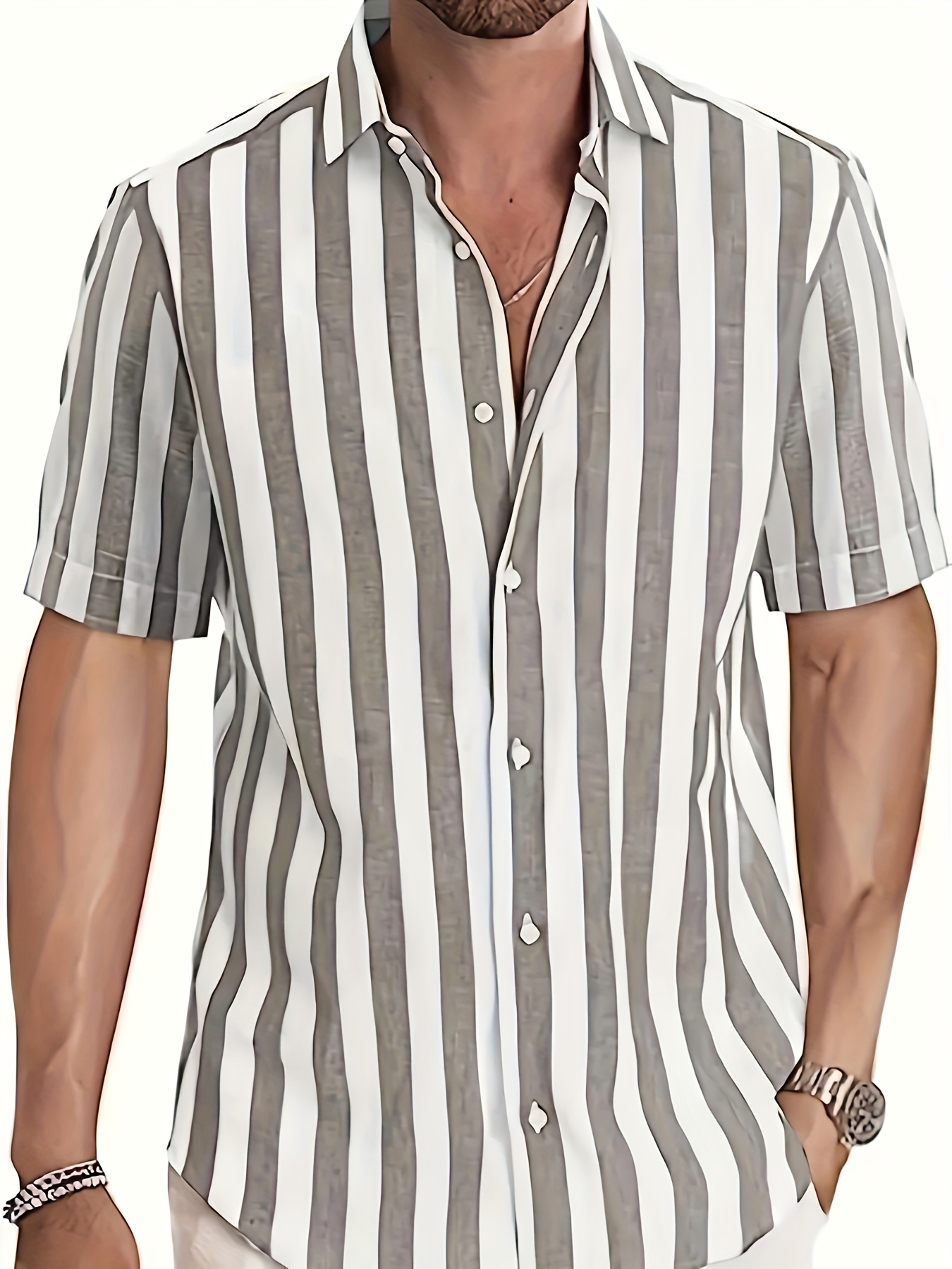 mens shirt top vertical striped lapel short sleeves closure summer male casual button up shirt for daily vacation resorts beach shirts for men details 10