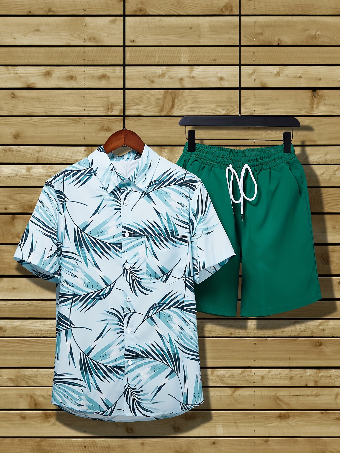 tropical leaf pattern print mens 2pcs outfits casual camp collar lapel button up short sleeve shirts hawaiian shirt and drawstring shorts set for summer mens clothing details 6