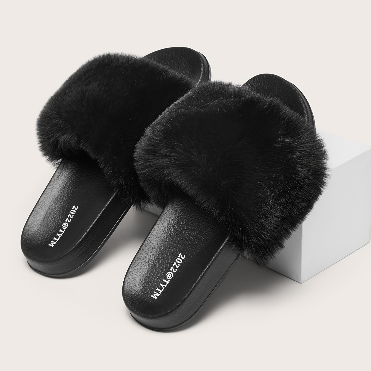 solid color faux fur pattern slippers fluffy soft sole platform casual slides plush cozy indoor shoes details 4