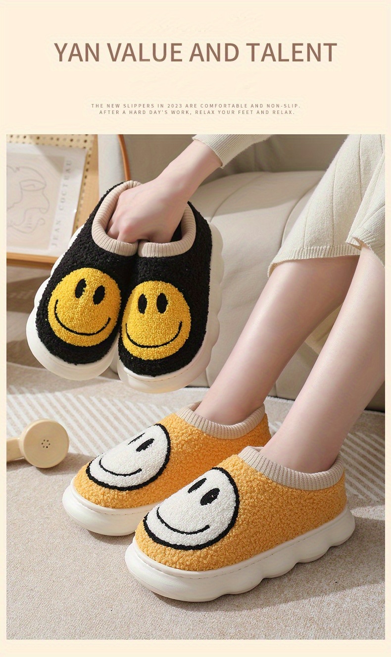 cute smile face fuzzy house slippers closed toe memory foam slip on shoes winter warm home slippers details 2