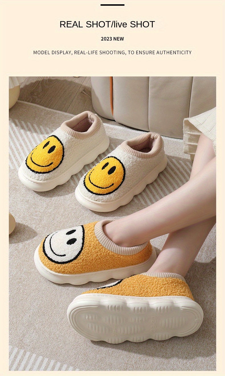 cute smile face fuzzy house slippers closed toe memory foam slip on shoes winter warm home slippers details 3