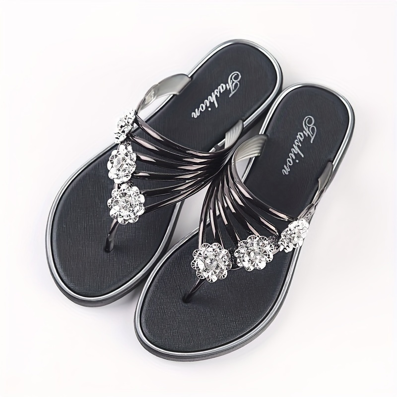 womens flower rhinestone flip flops fashion summer flat slide shoes outdoor beach slides details 4