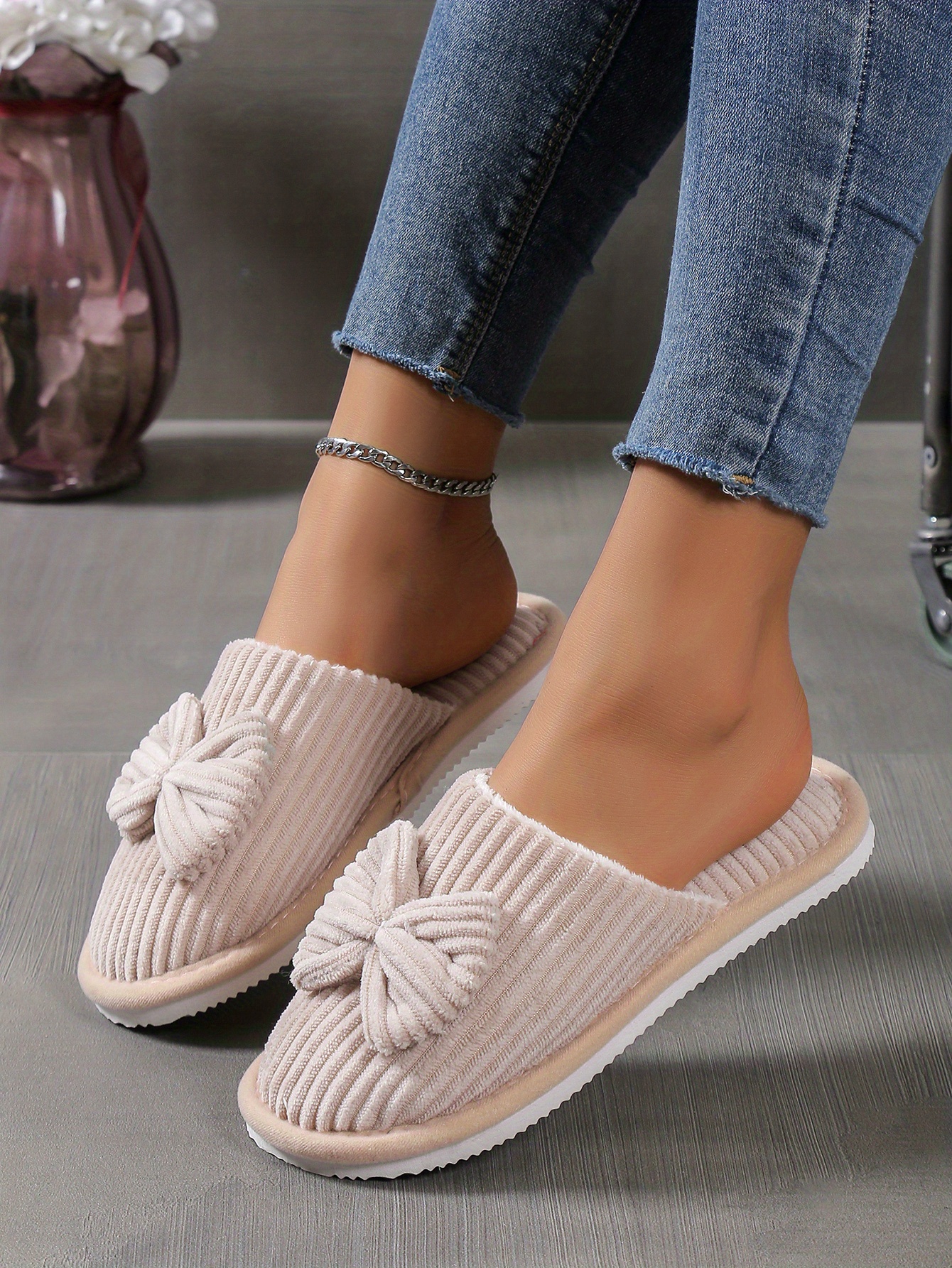 cute bowknot soft sole fuzzy slippers winter cozy warm slip on plush shoes comfy closed toe home slippers details 2