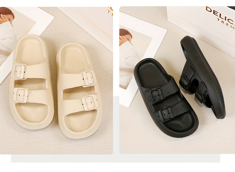 womens solid color sandals slip on open toe double buckle straps super soft non slip slides summer versatile comfy shoes details 2